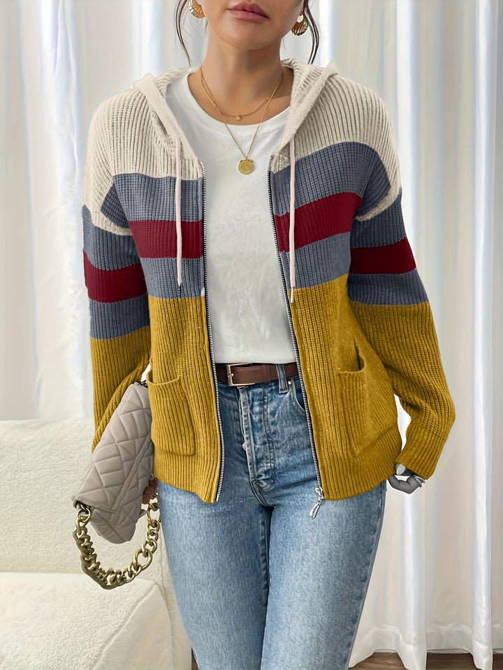 Faelyn color-block hooded cardigan, side angle with handbag