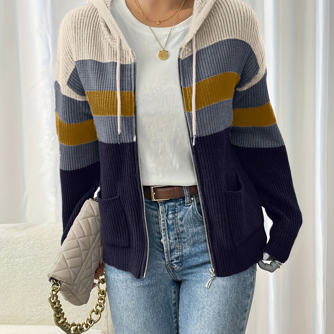 Faelyn color-block hooded cardigan, side angle with handbag