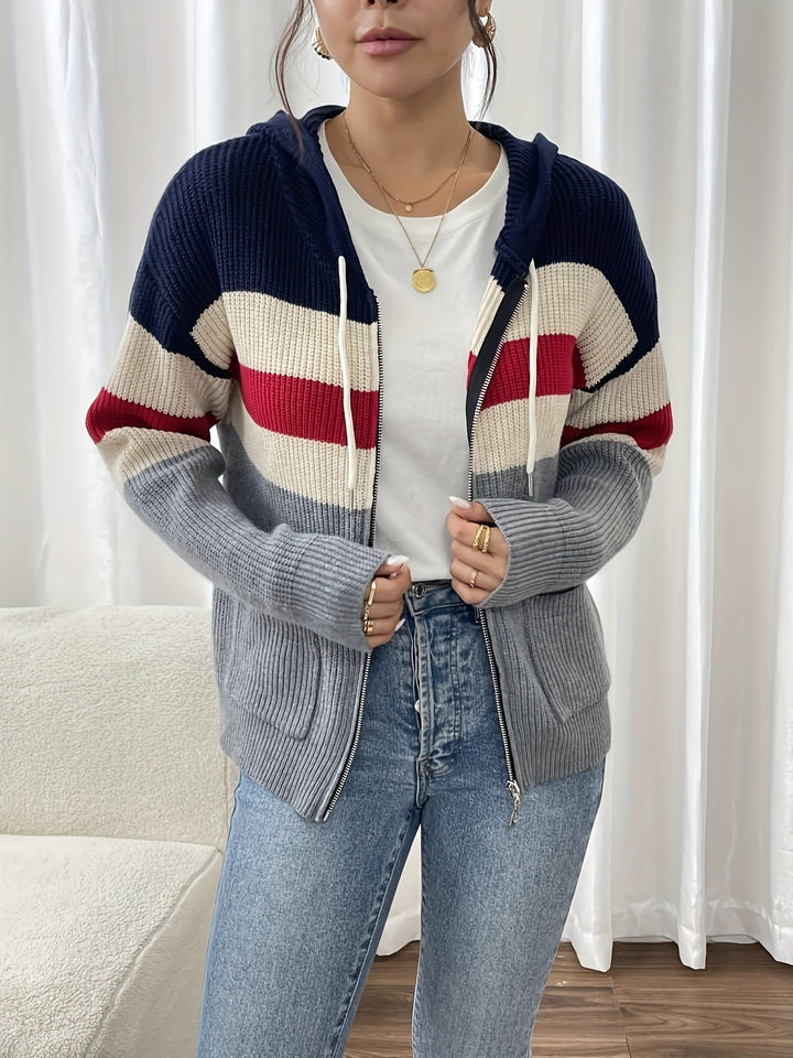 Faelyn striped cardigan with hood, front view holding zipper
