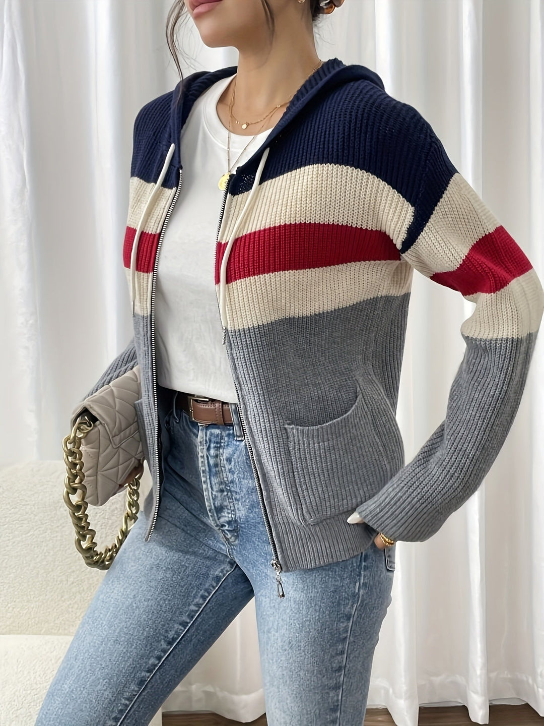 Faelyn color-block hooded cardigan, side angle with handbag