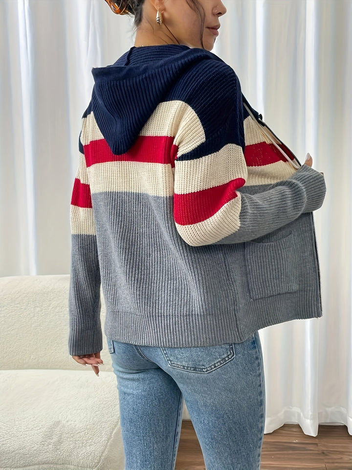 Faelyn color-block hooded cardigan, side angle with handbag