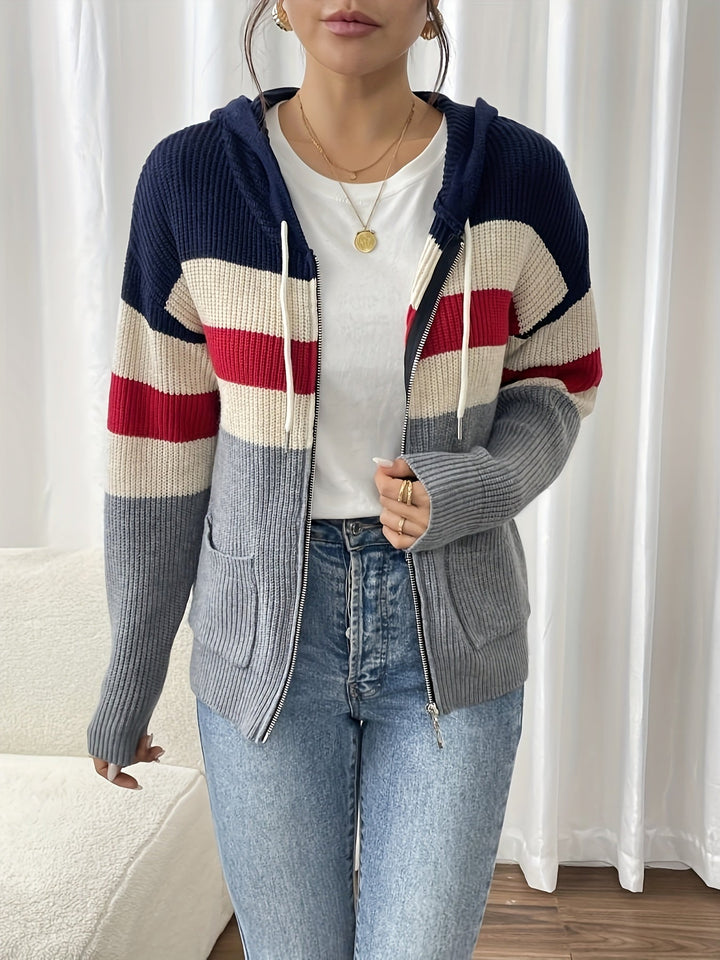 Faelyn color-block hooded cardigan, side angle with handbag