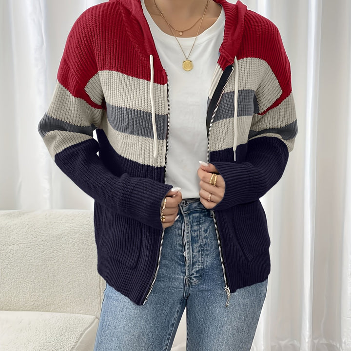 Faelyn color-block hooded cardigan, side angle with handbag