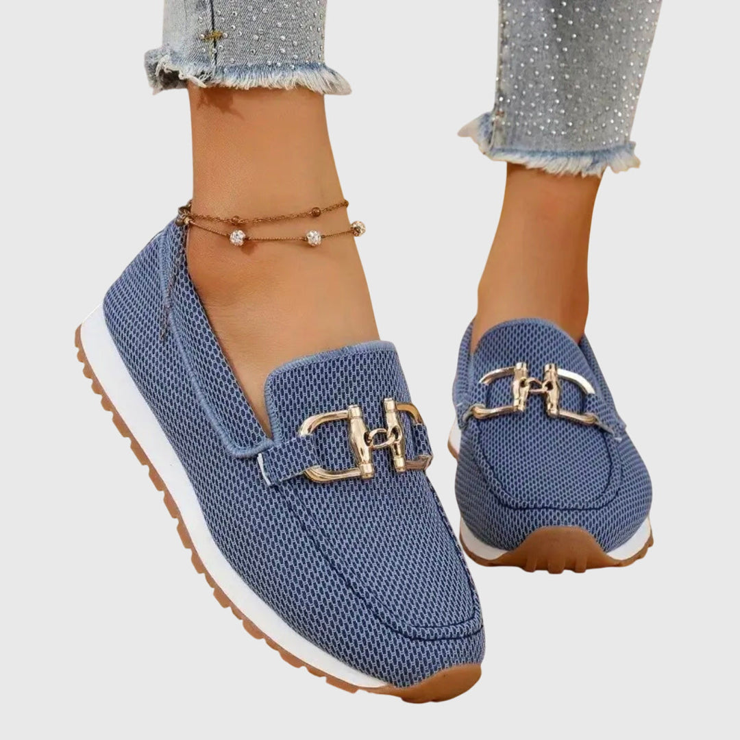 Odessa blue horsebit platform loafers, front view on model