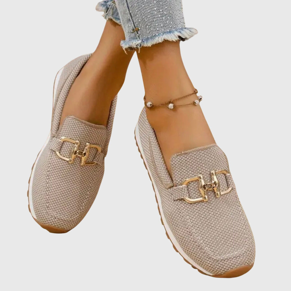 Odessa beige horsebit platform loafers, front view on model