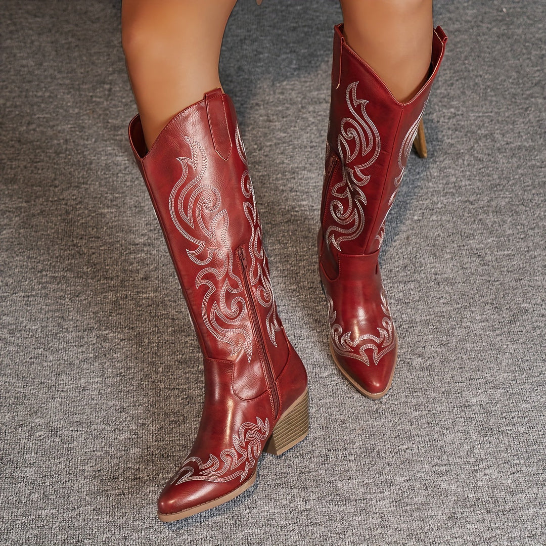 Marcelline black knee-high embroidered cowboy boots, side view