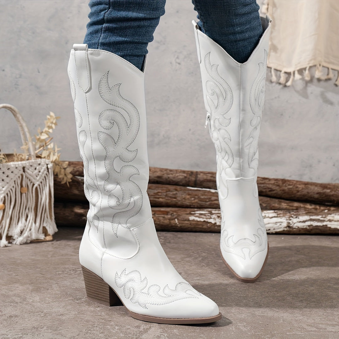 Marcelline black knee-high embroidered cowboy boots, side view