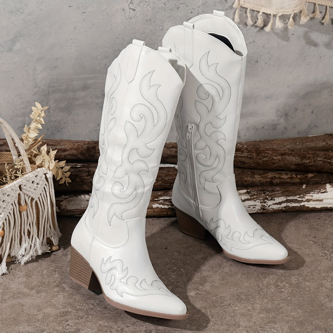 Marcelline black knee-high embroidered cowboy boots, side view