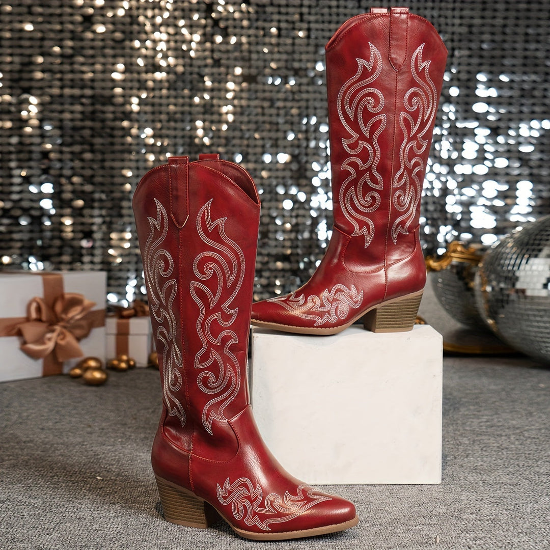 Marcelline black knee-high embroidered cowboy boots, side view
