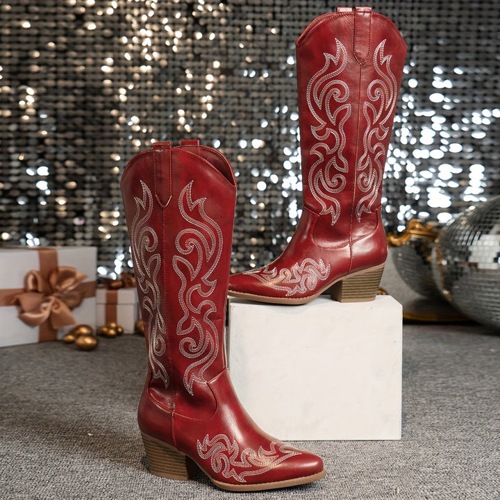 Marcelline black knee-high embroidered cowboy boots, side view