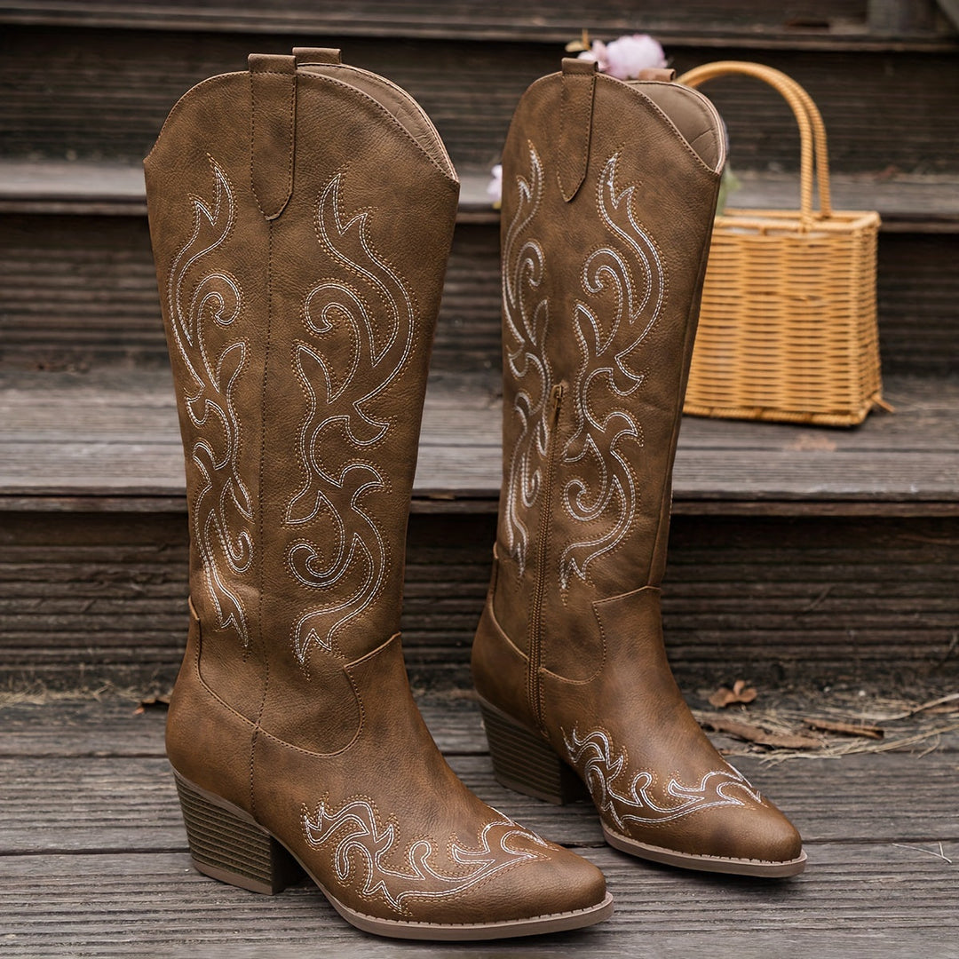 Marcelline black knee-high embroidered cowboy boots, side view