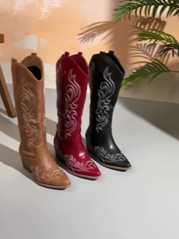 Marcelline black knee-high embroidered cowboy boots, side view