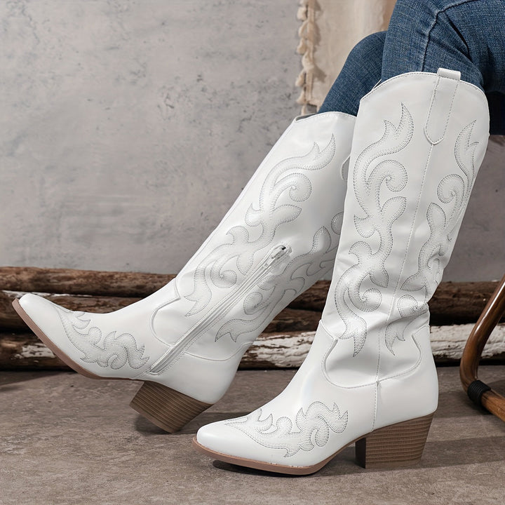 Marcelline black knee-high embroidered cowboy boots, side view
