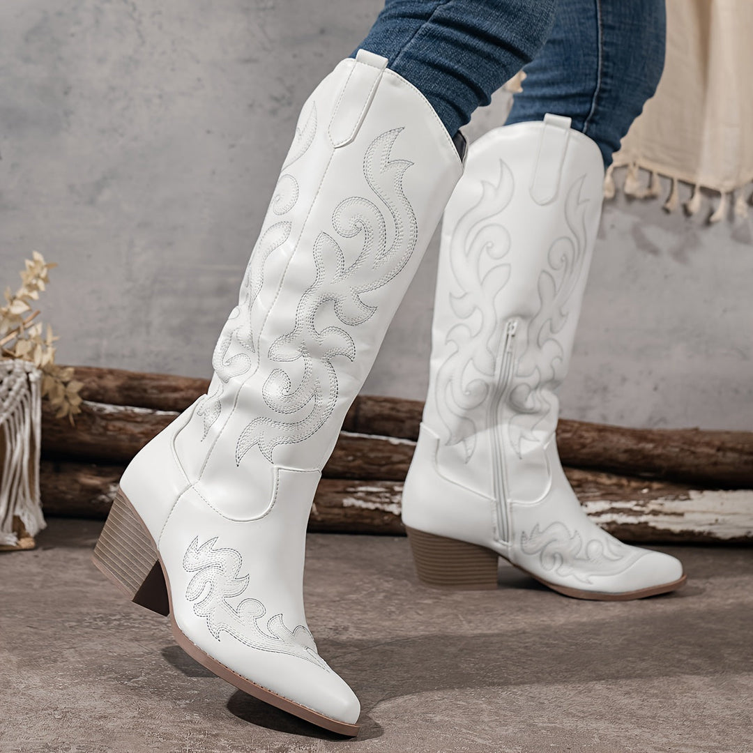 Marcelline black knee-high embroidered cowboy boots, side view