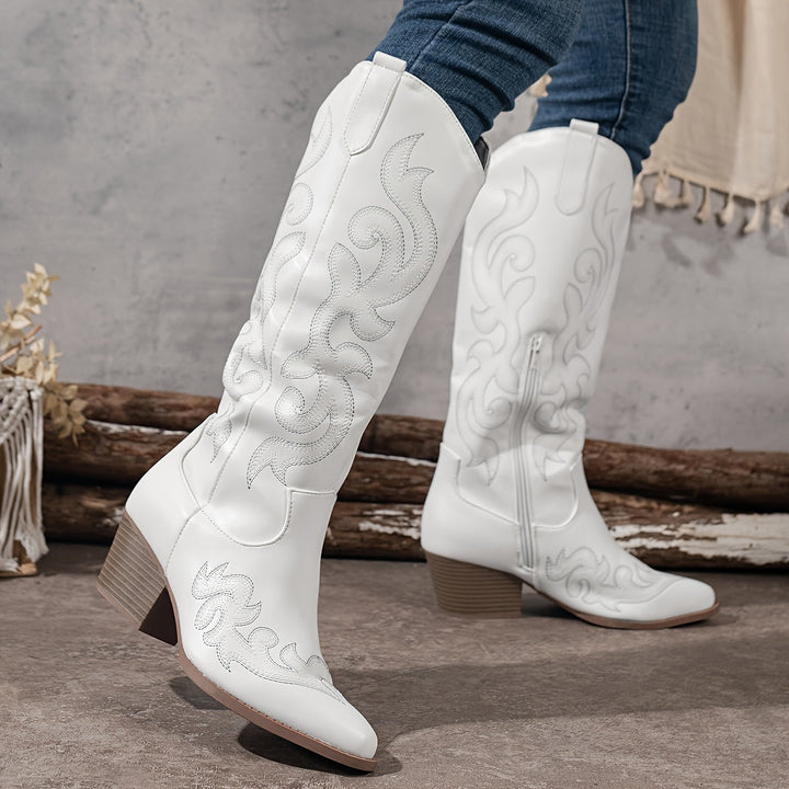 Marcelline black knee-high embroidered cowboy boots, side view