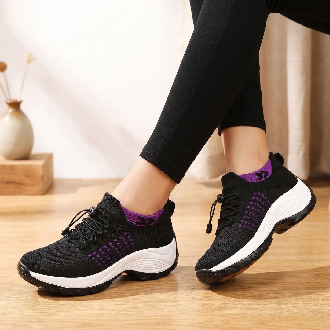 Verity navy and blue knit platform sneakers, side profile