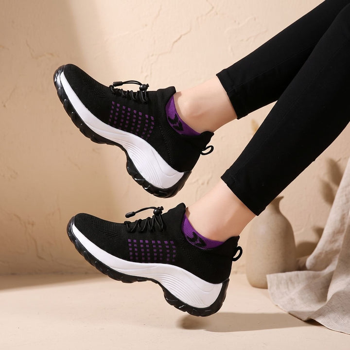 Verity navy and blue knit platform sneakers, side profile