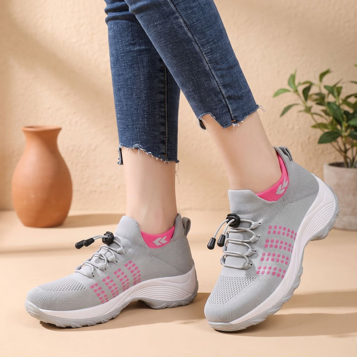 Verity navy and blue knit platform sneakers, side profile