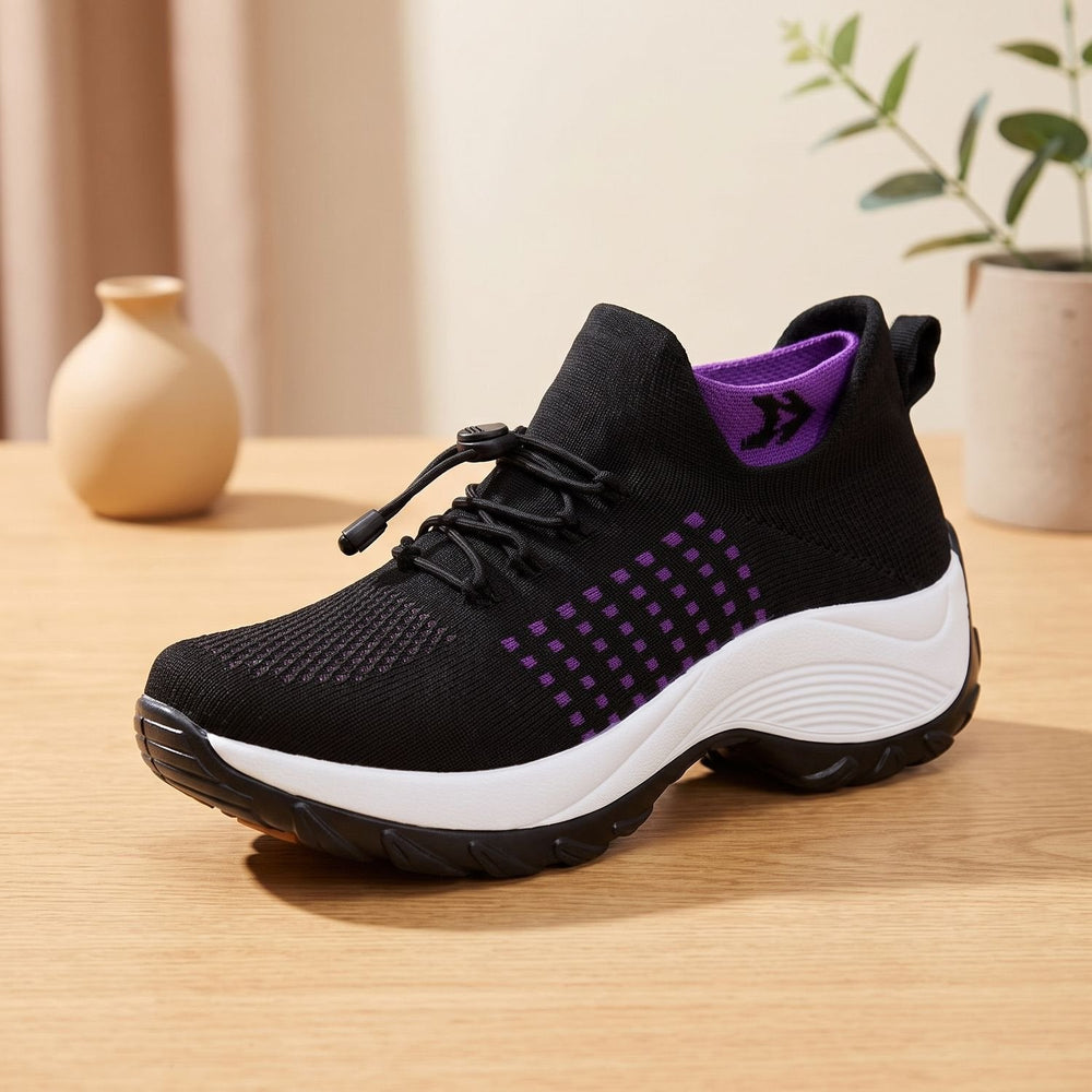 Verity black and purple knit platform sneakers, side profile