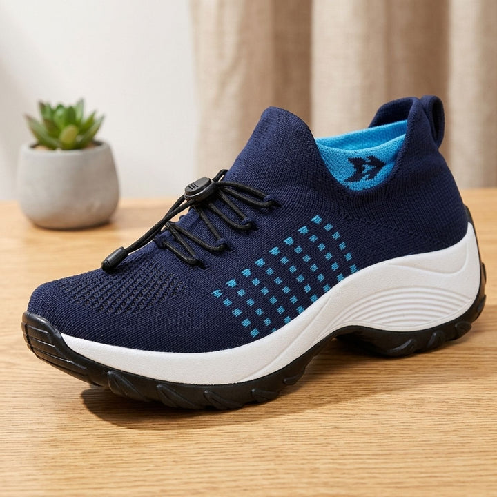 Verity navy and blue knit platform sneakers, side profile