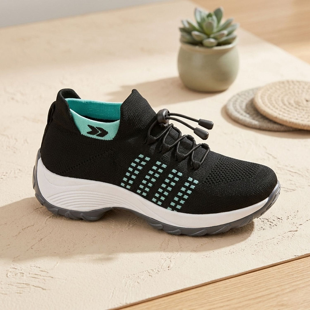 Verity navy and blue knit platform sneakers, side profile
