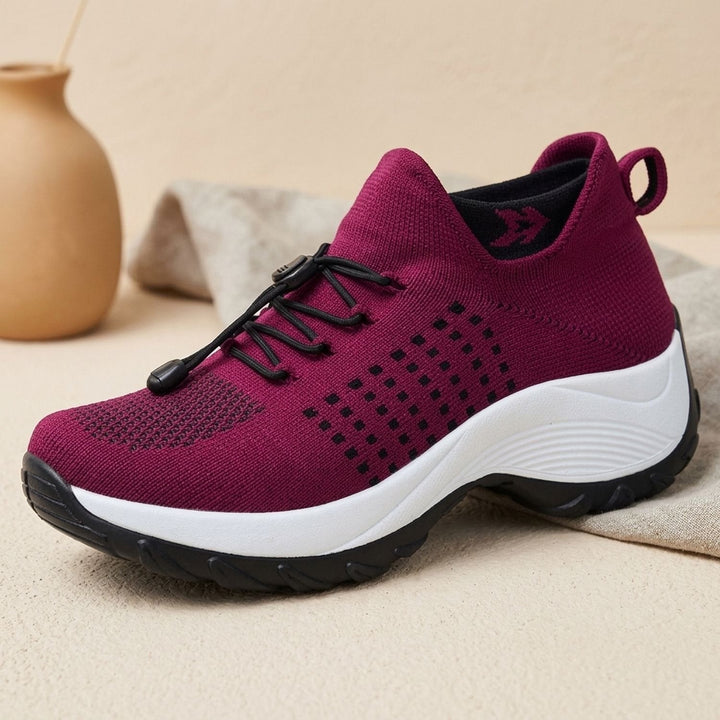 Verity navy and blue knit platform sneakers, side profile