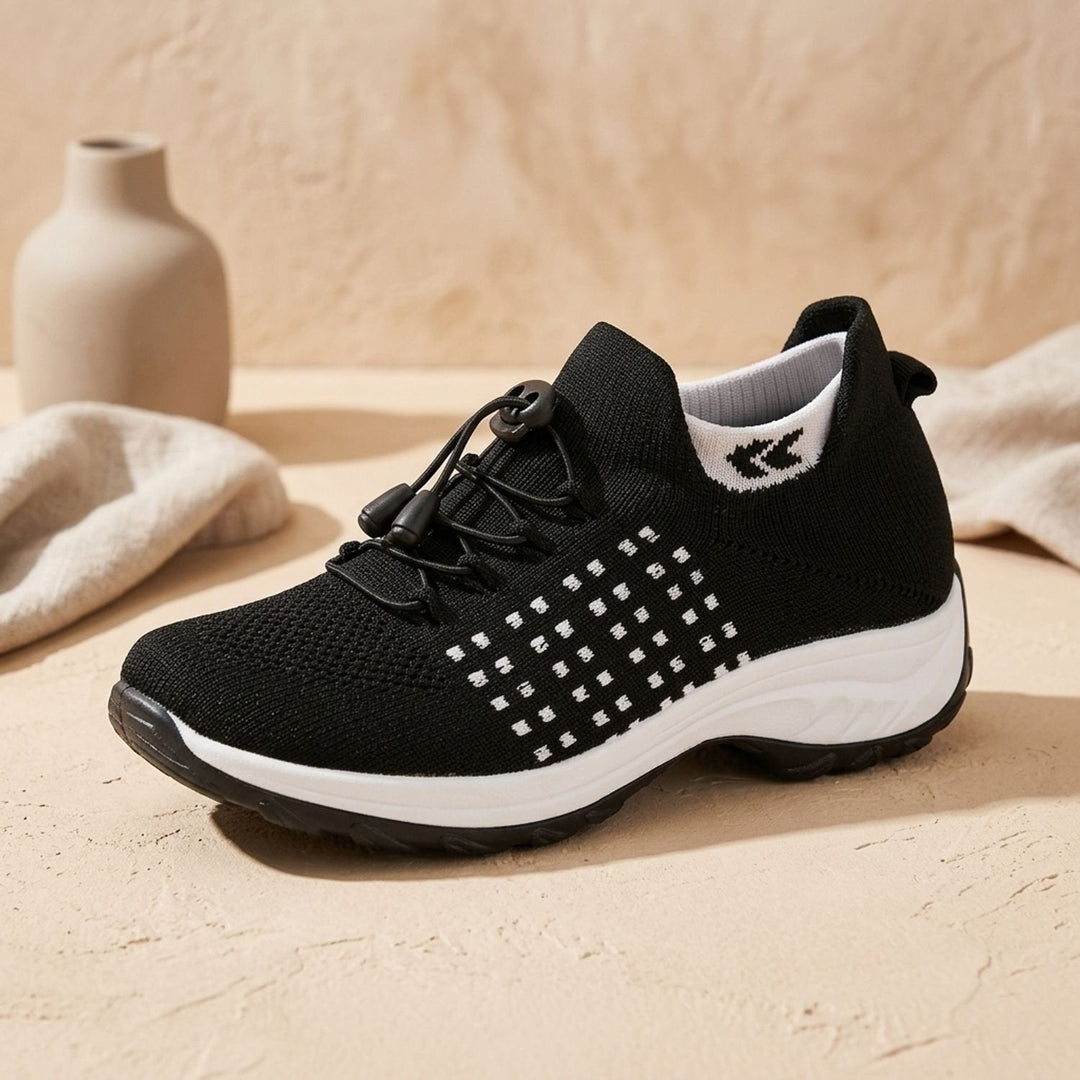 Verity navy and blue knit platform sneakers, side profile