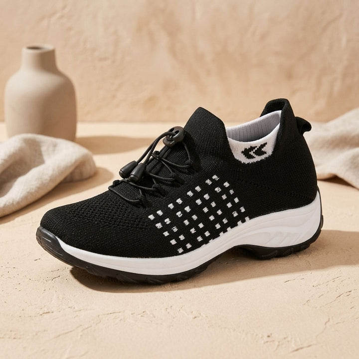 Verity navy and blue knit platform sneakers, side profile