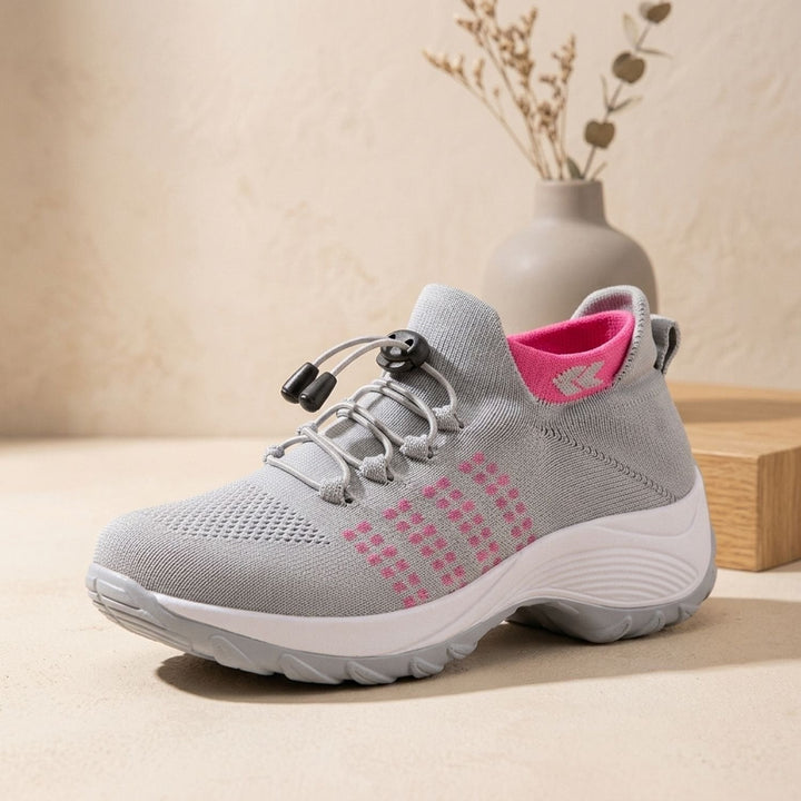 Verity navy and blue knit platform sneakers, side profile