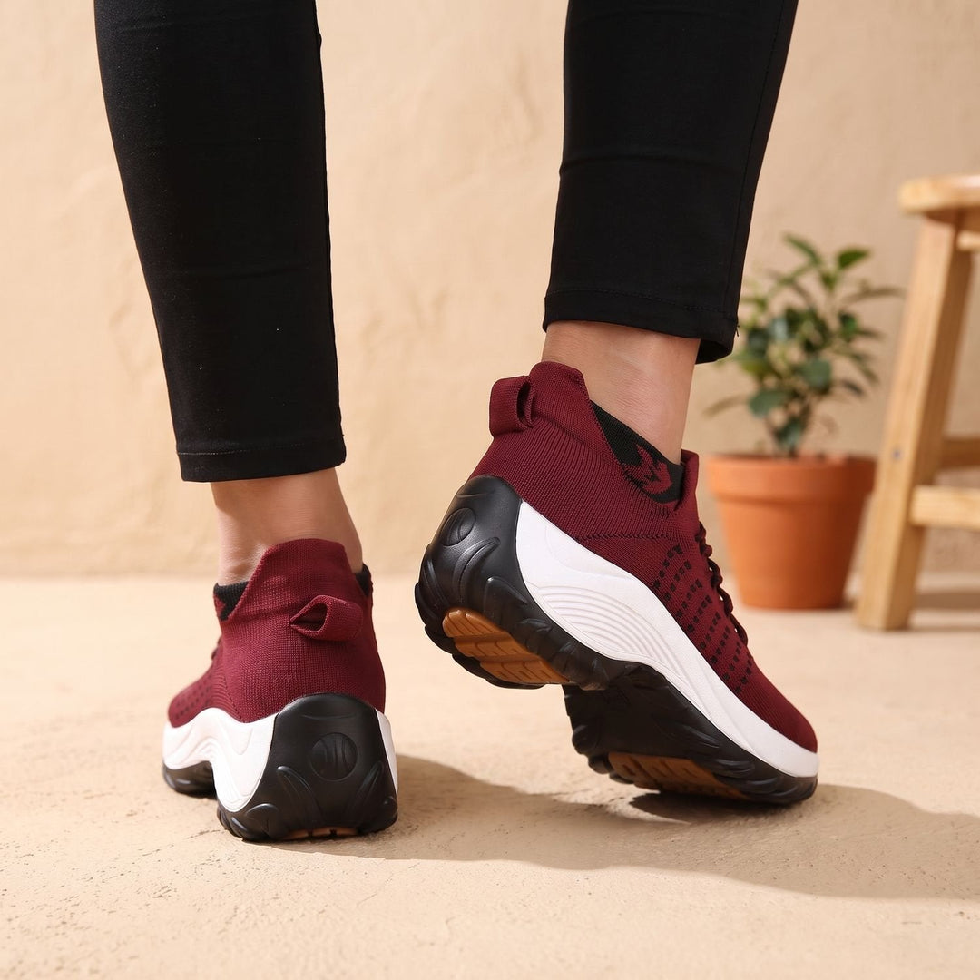 Verity navy and blue knit platform sneakers, side profile