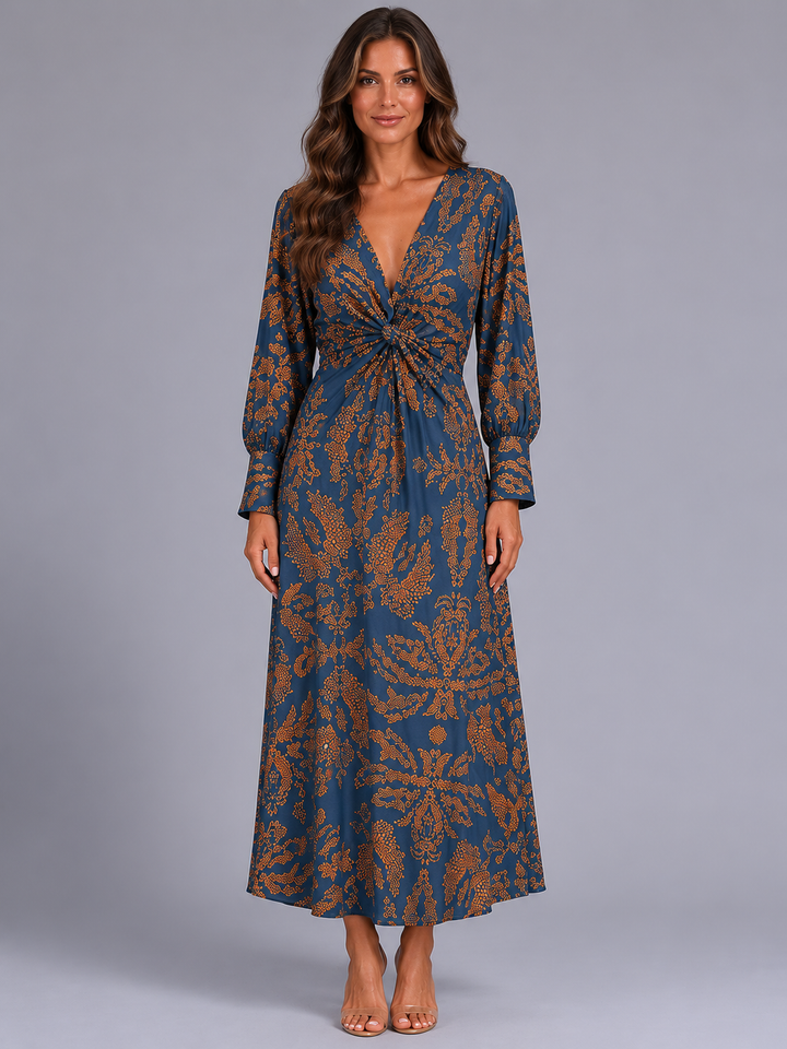 Rosalinde knot front V-neck midi dress in blue print, front view