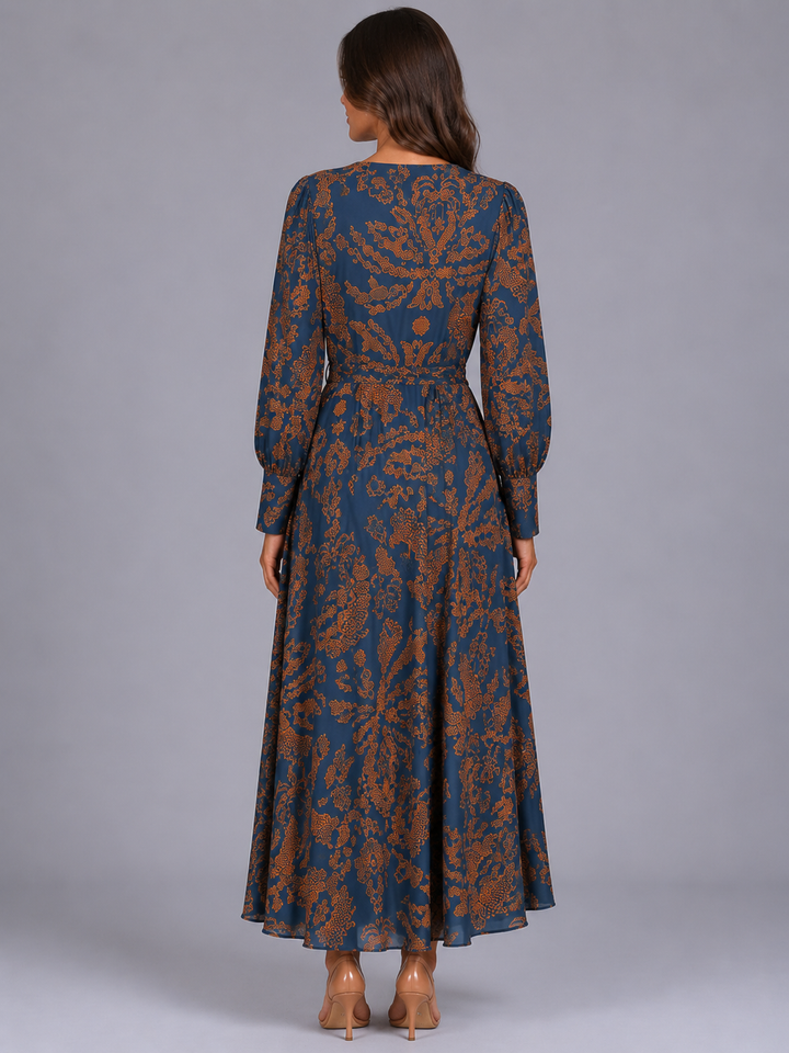 Rosalinde knot front V-neck midi dress in blue print, back view