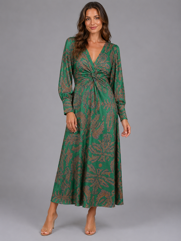 Rosalinde knot front V-neck midi dress in green print, front view