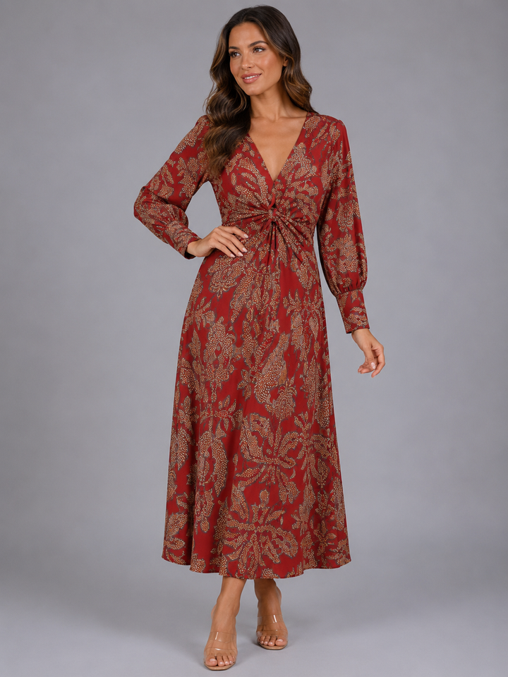 Rosalinde knot front V-neck midi dress in red print, side view