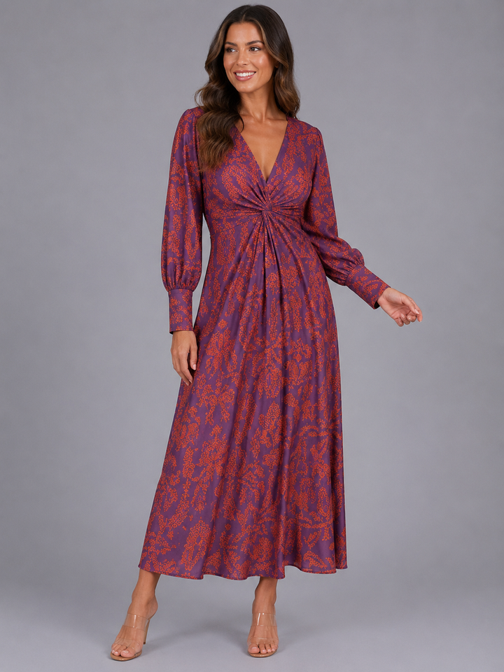 Rosalinde knot front V-neck midi dress in red print, side view