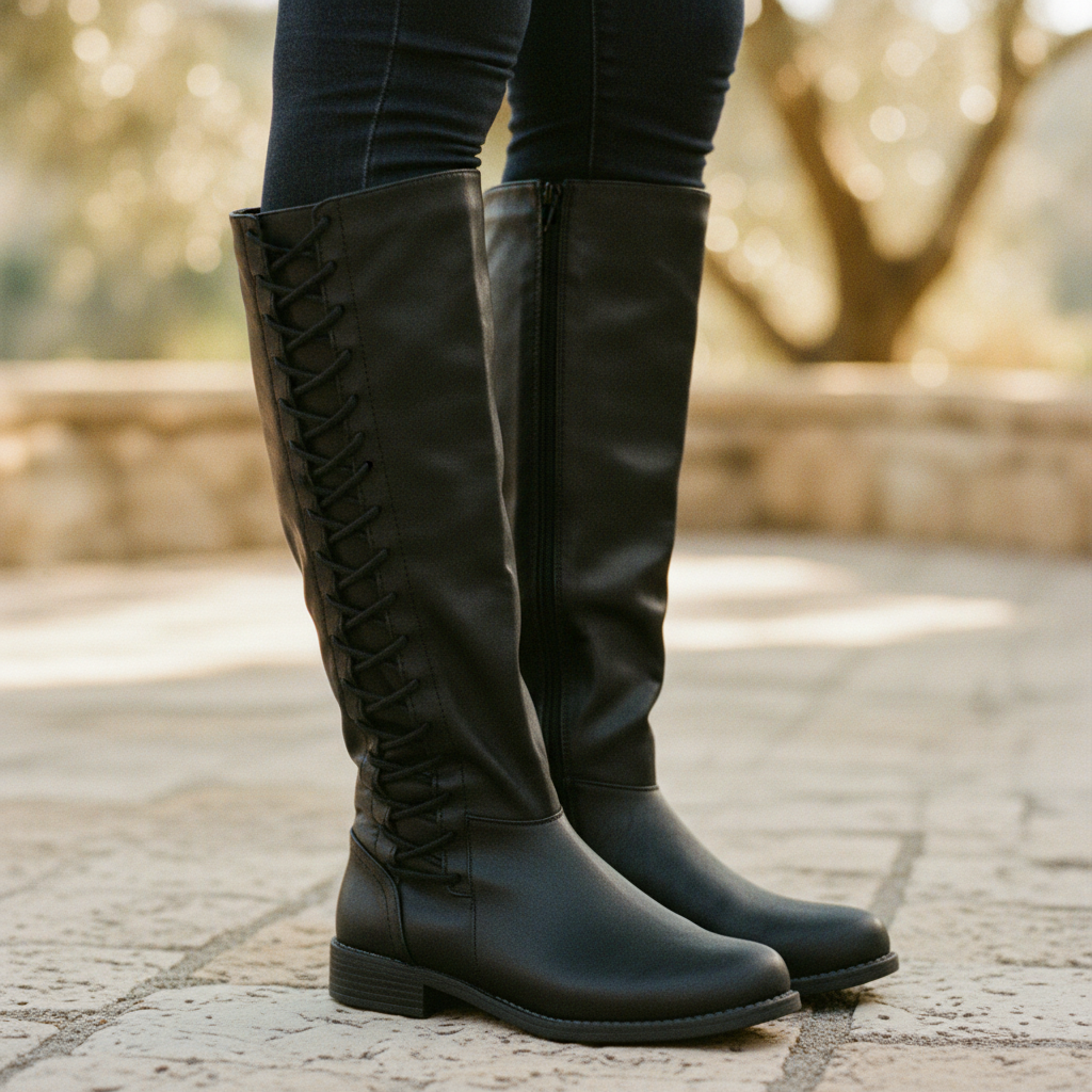 Thessaly lace-up knee-high boots in black, front view on model