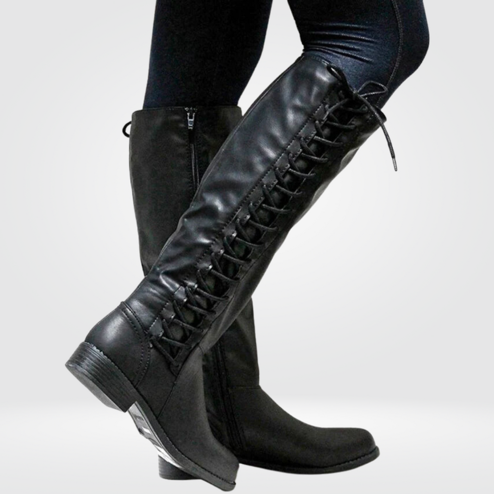 Thessaly knee-high boots with side zip and lace-up detail, side view