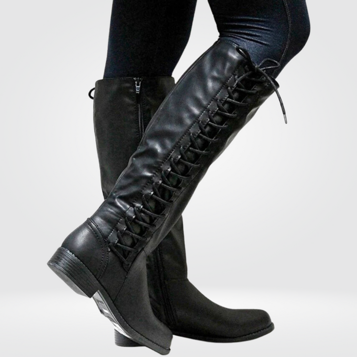 Thessaly knee-high boots with side zip and lace-up detail, side view