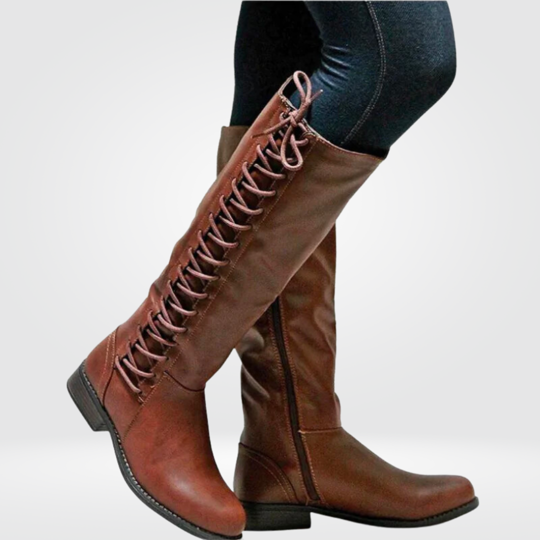 Thessaly lace-up knee-high boots in brown, side view on model