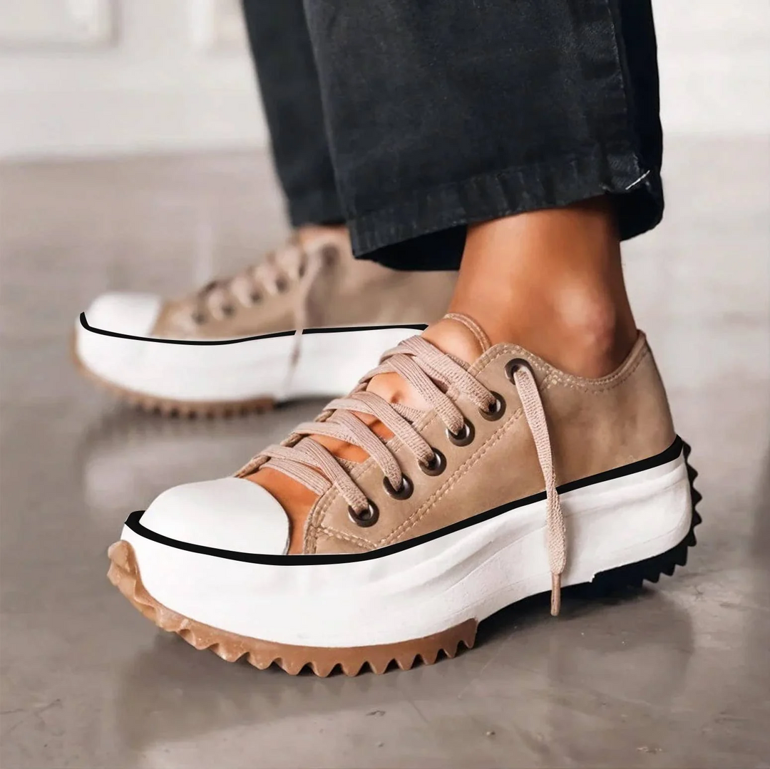 Odessa lace-up platform sneakers in tan, close-up side view on foot