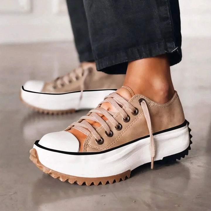 Odessa lace-up platform sneakers in tan, close-up side view on foot