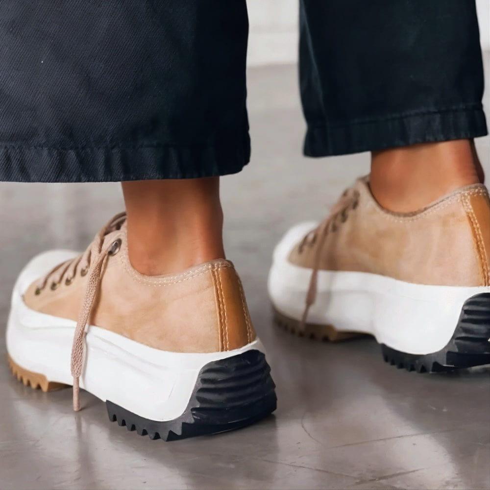 Odessa platform sneakers in tan, back view showing lugged sole
