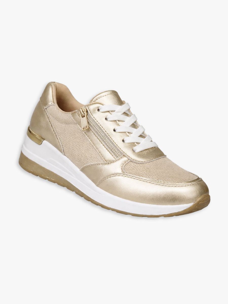 Faustine gold lace-up walking sneaker, side view