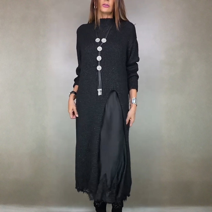 Marguerite layered mock neck sweater dress with midi slip, front view