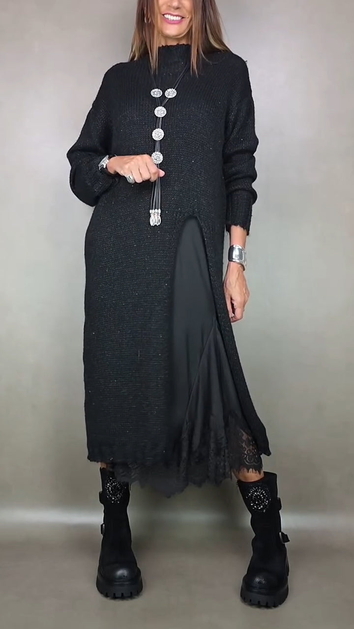 Marguerite sweater dress styled with boots, full length view