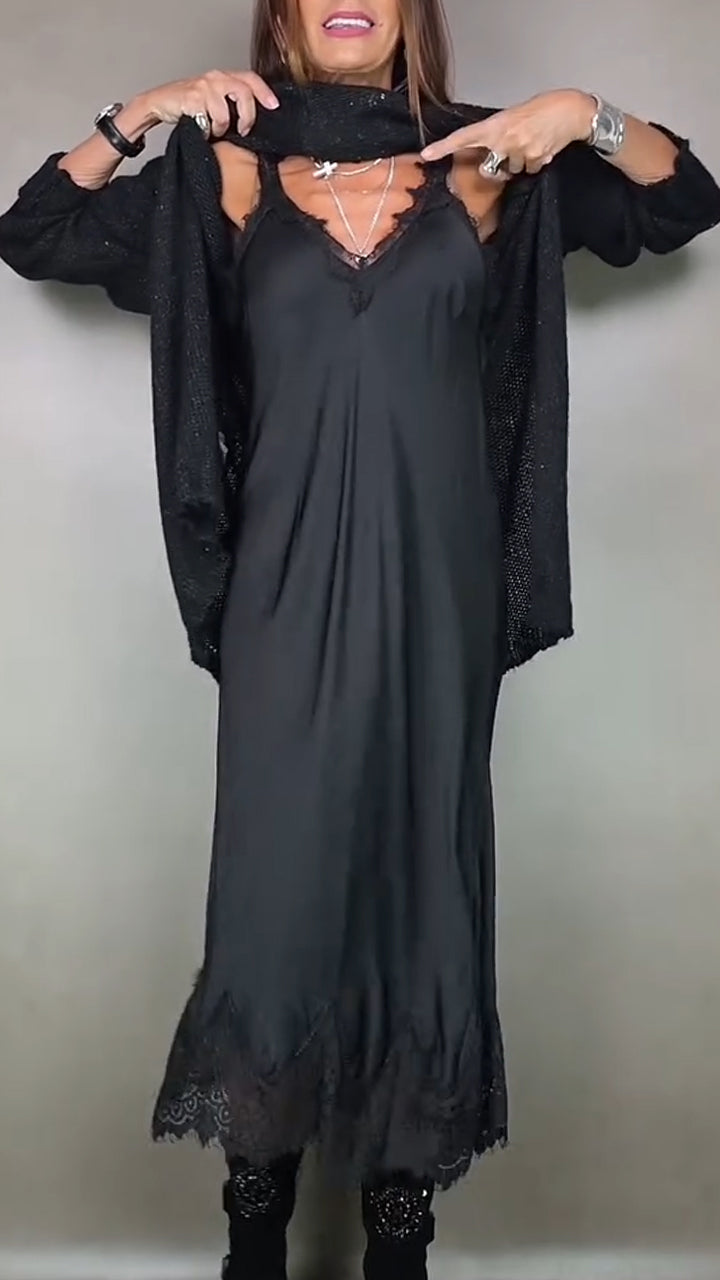 Marguerite layered sweater dress shown over slip layer, detail view