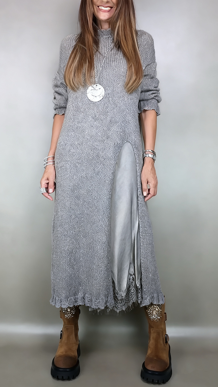 Marguerite layered sweater dress shown over slip layer, detail view