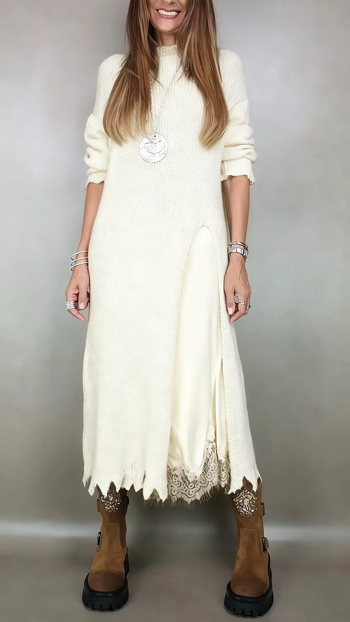 Marguerite layered sweater dress shown over slip layer, detail view