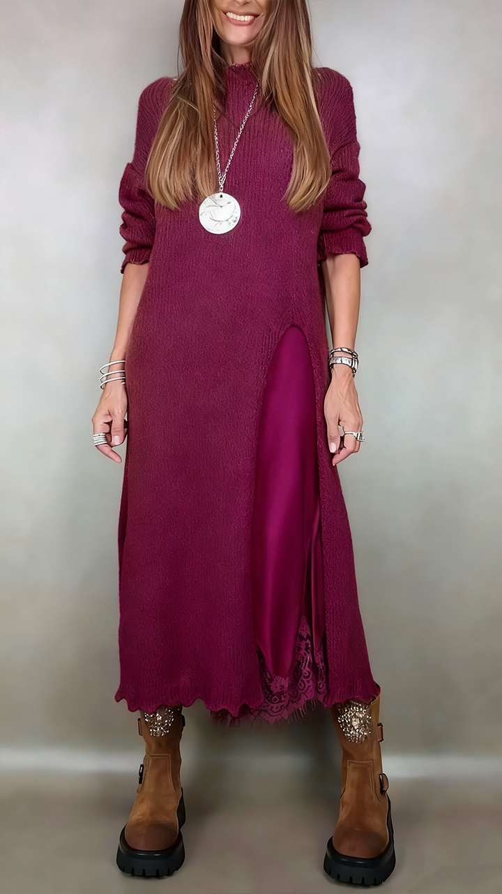 Marguerite layered sweater dress shown over slip layer, detail view