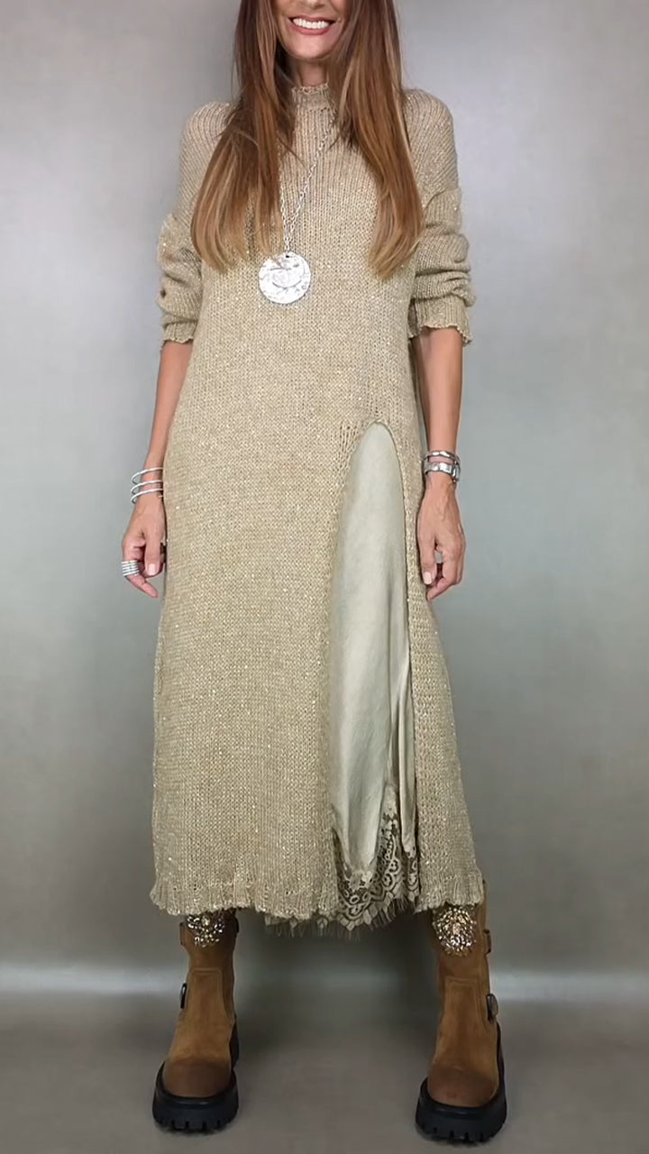 Marguerite layered sweater dress shown over slip layer, detail view